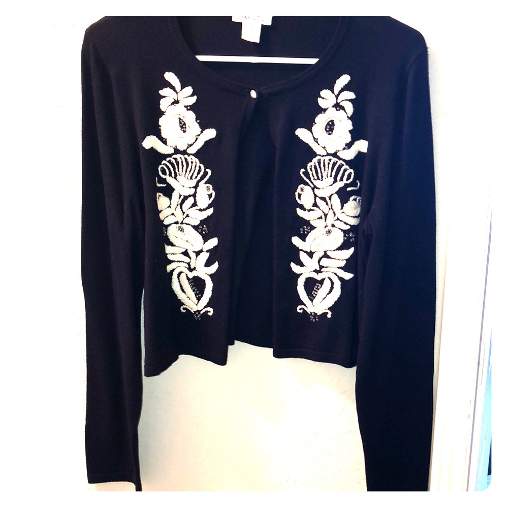 Black Sweater ornate beige stitching and beaded